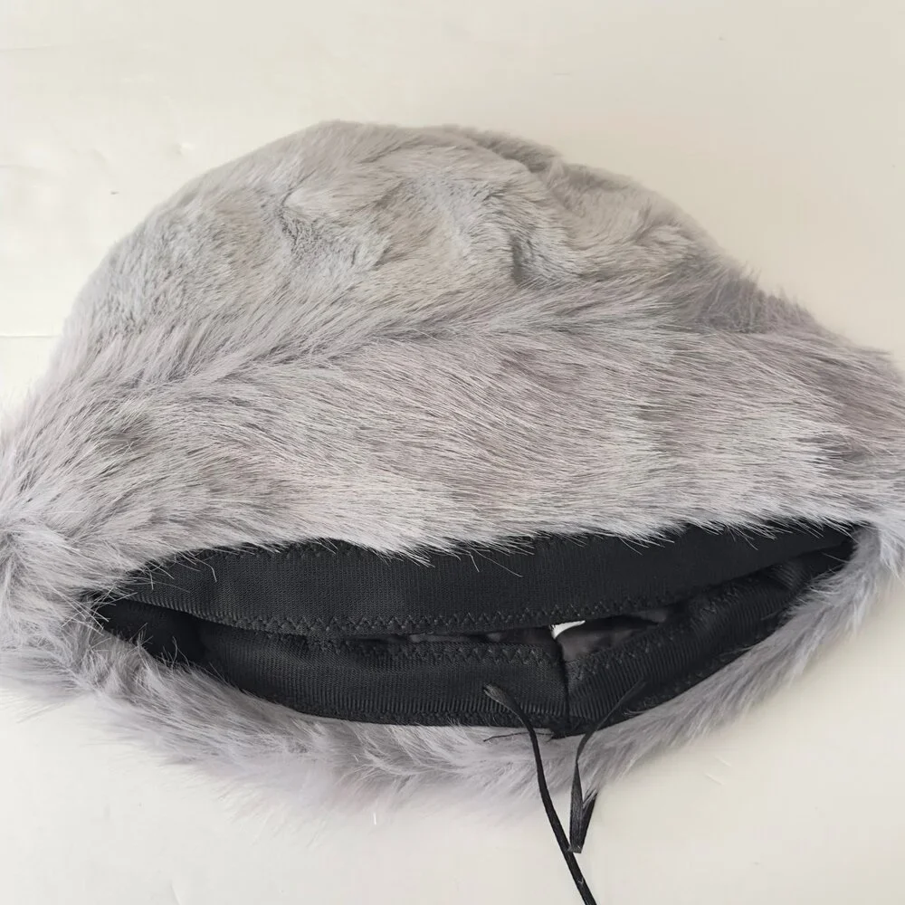 Gray Faux Fur Winter Bucket Hat Unisex One Size Fits Most